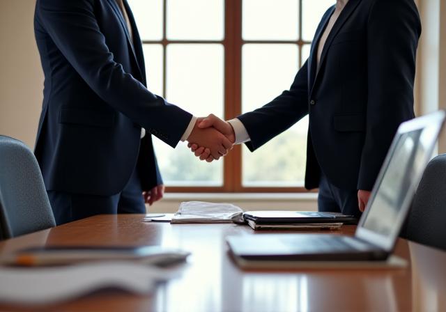 Two professionals in business attire shaking hands over a meeting table