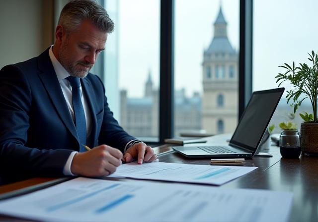Professional legal consultant reviewing compliance documents in a London office